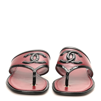 Chanel Lambskin Patent Calfskin CC Thong Sandals 37 Burgundy Black 3 of 9