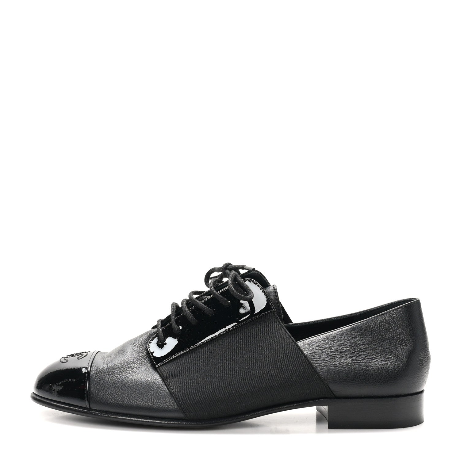 Chanel Goatskin Patent Womens CC Cap Toe Lace Up Oxfords 36.5 Black 1 of 10