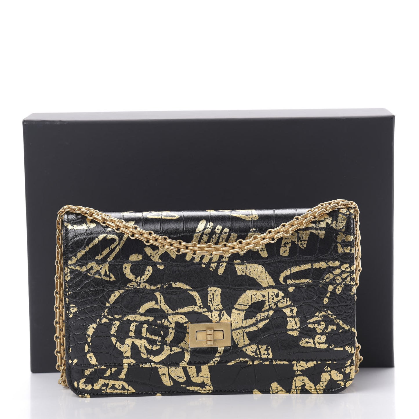 Calfskin Crocodile Embossed Graffiti 2.55 Cocodile Reissue Wallet On Chain WOC Black Gold