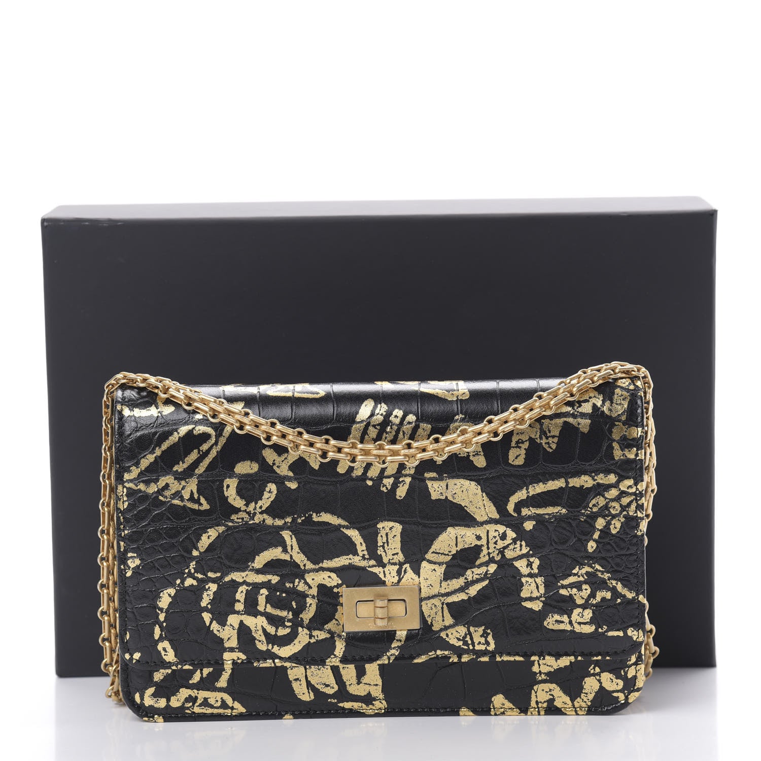 Chanel Calfskin Crocodile Embossed Graffiti 2.55 Cocodile Reissue Wallet On Chain WOC Black Gold 12 of 14