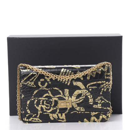 Chanel Calfskin Crocodile Embossed Graffiti 2.55 Cocodile Reissue Wallet On Chain WOC Black Gold 12 of 14