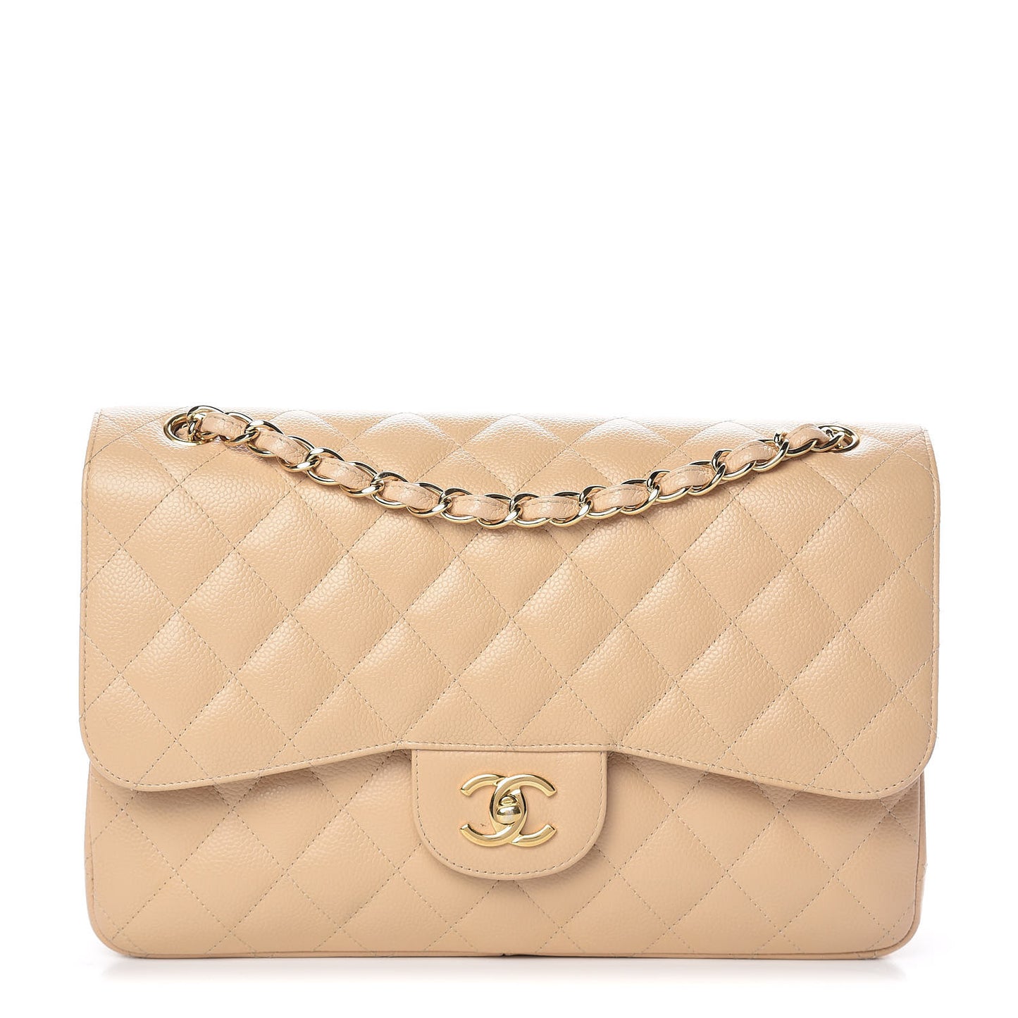 Caviar Quilted Jumbo Double Flap Beige
