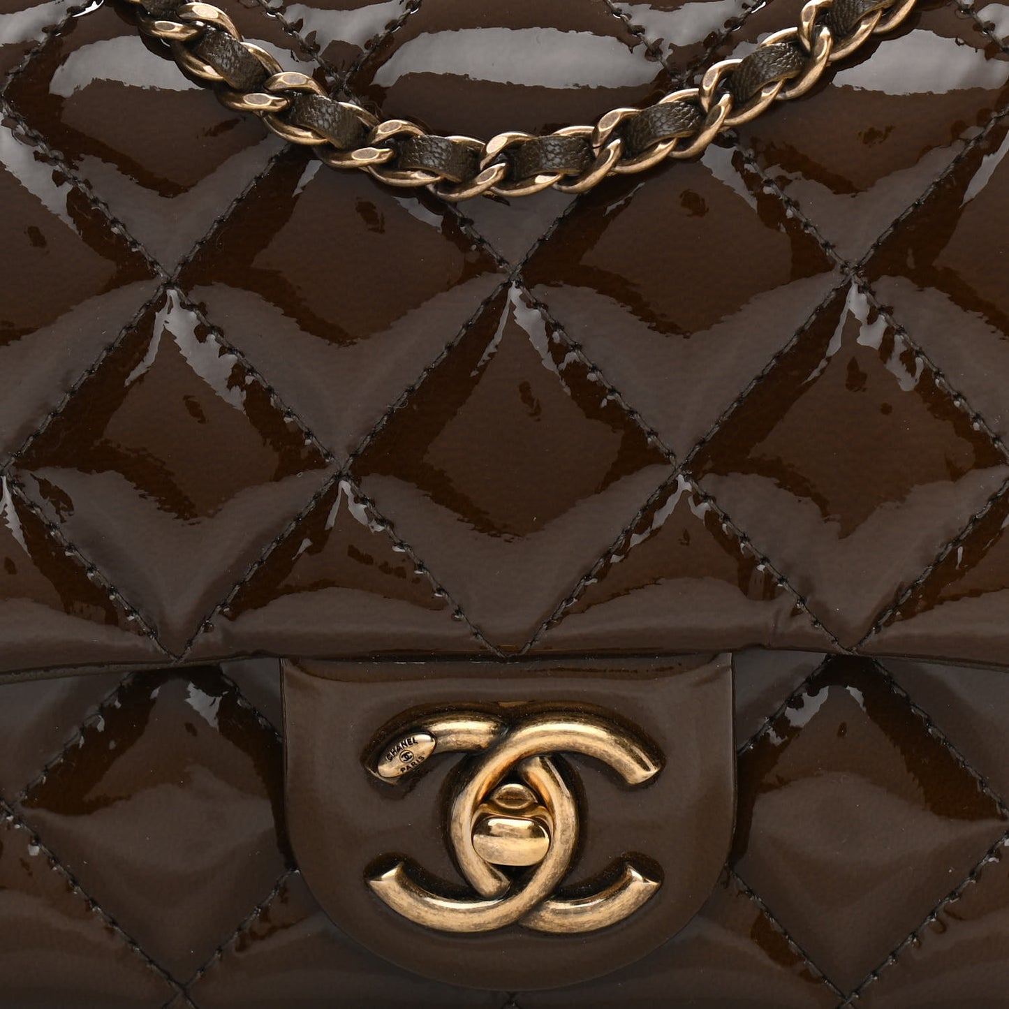 Patent Goatskin Quilted Small CC Eyelet Flap Khaki