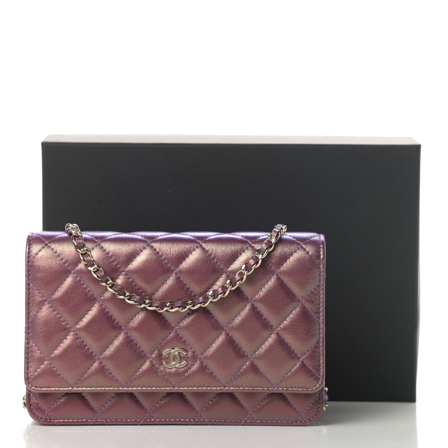 Iridescent Lambskin Quilted Wallet On Chain WOC Purple