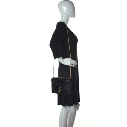 Saint Laurent Patent Calfskin Crocodile Embossed Monogram Cassandra Chain Wallet Black 2 of 12