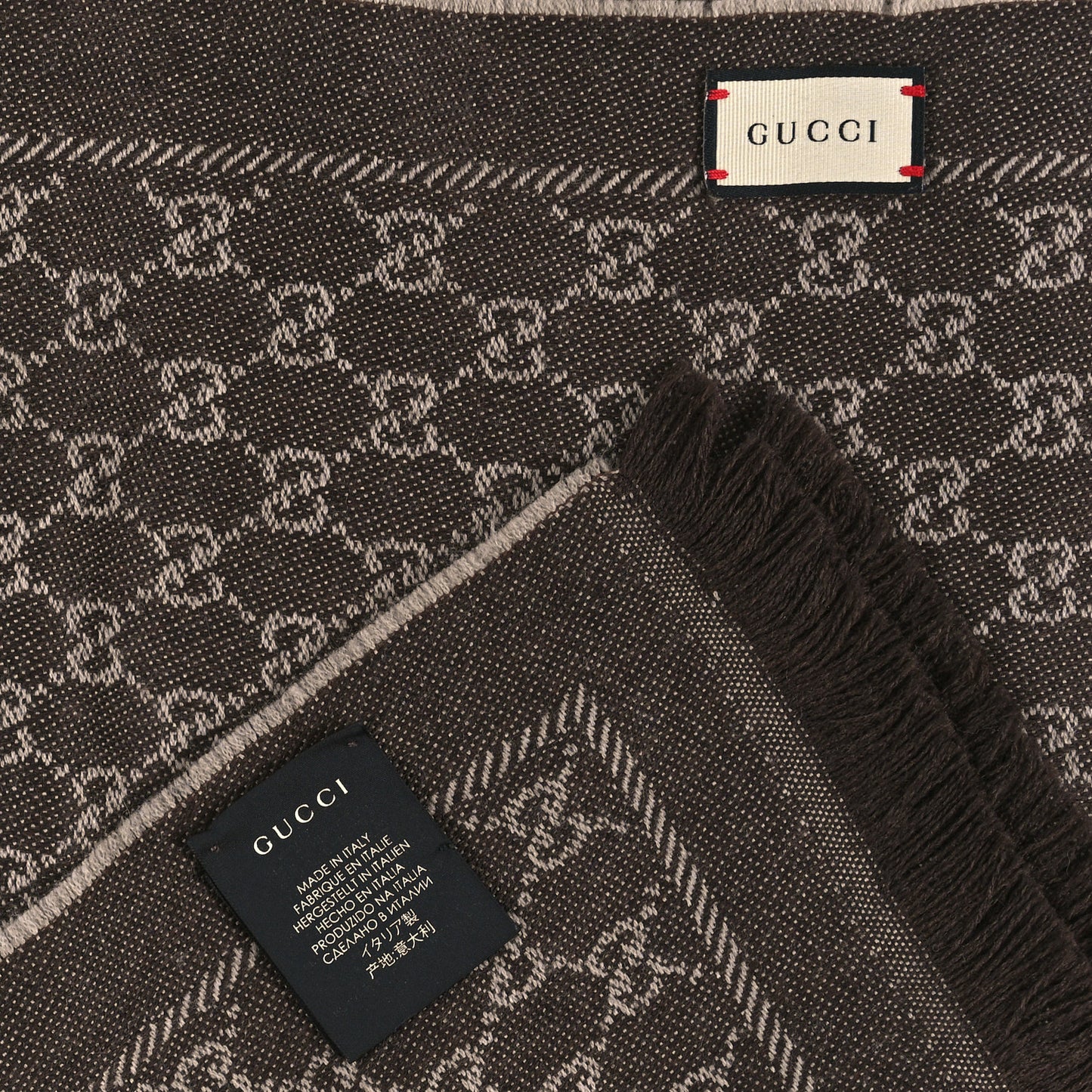 Wool GG Monogram Reversible New Sten Fringe Scarf Beige Dark Brown