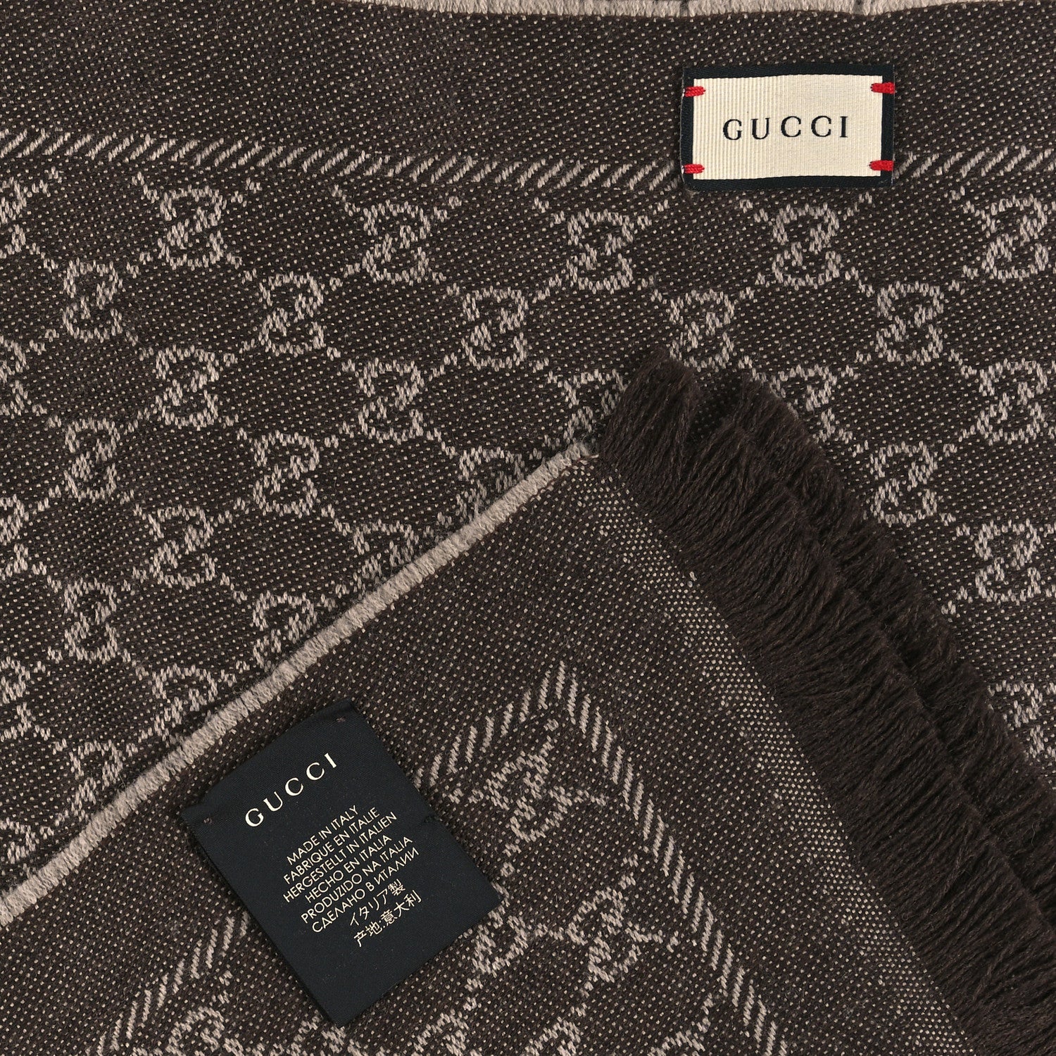 Gucci Wool GG Monogram Reversible New Sten Fringe Scarf Beige Dark Brown 3 of 4