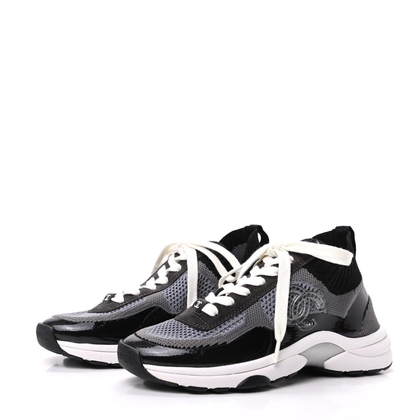 Fabric Calfskin Suede CC Womens Sneakers 35 Black Grey