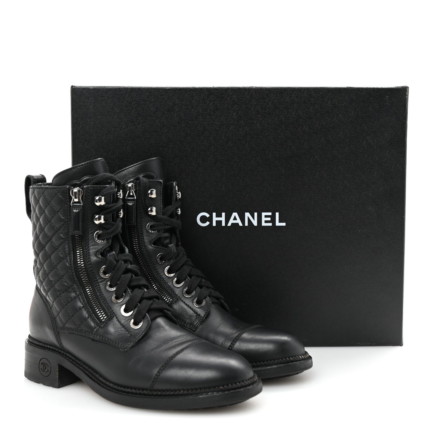 Calfskin Quilted Lace Up Combat Boots 37.5 Black