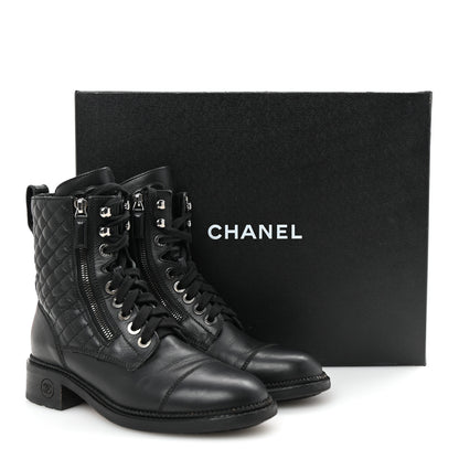 Chanel Calfskin Quilted Lace Up Combat Boots 37.5 Black 10 of 10