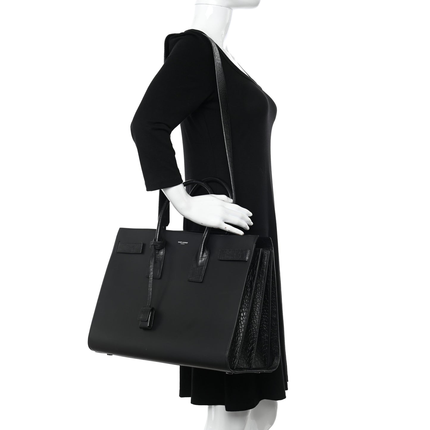 Calfskin Crocodile Embossed Large Sac De Jour Carryall Black