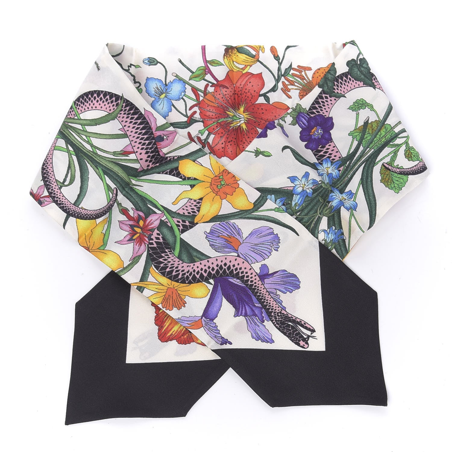 Gucci Silk Twill Flora Snake Neck Bow Scarf Ivory Black 1 of 3