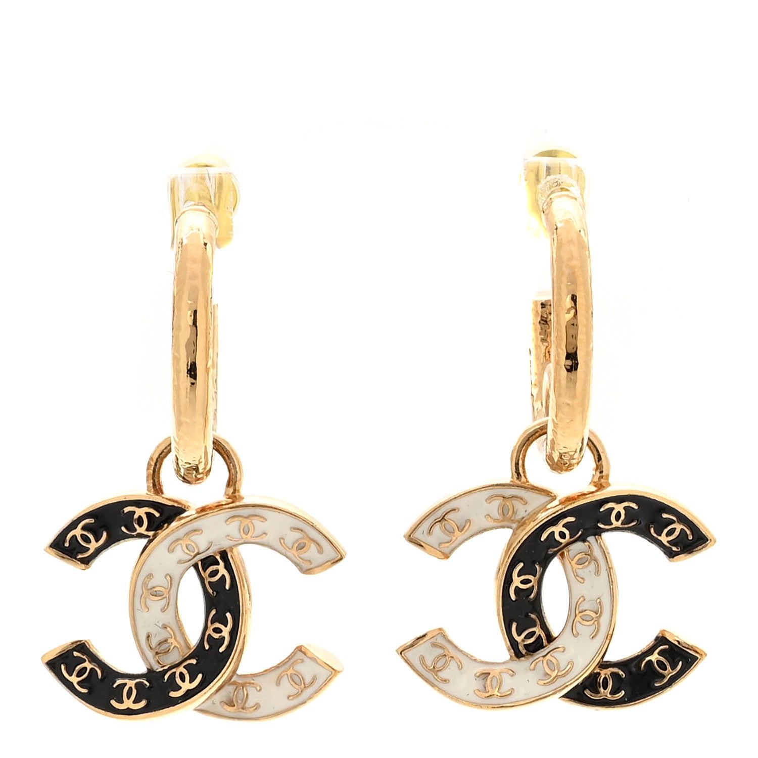 Chanel Enamel CC Hoop Drop Earrings Black White Gold 1 of 6