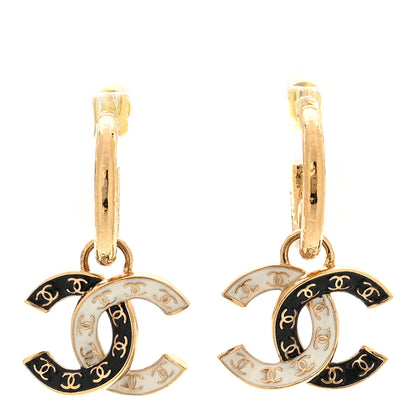 Chanel Enamel CC Hoop Drop Earrings Black White Gold 1 of 6