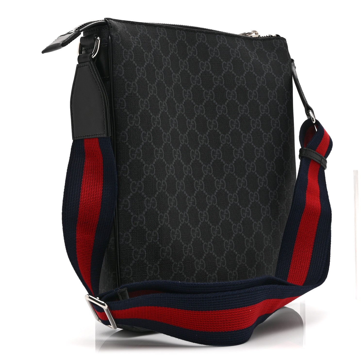 Gucci GG Supreme Monogram Web Small Flat Messenger Bag Black Grey