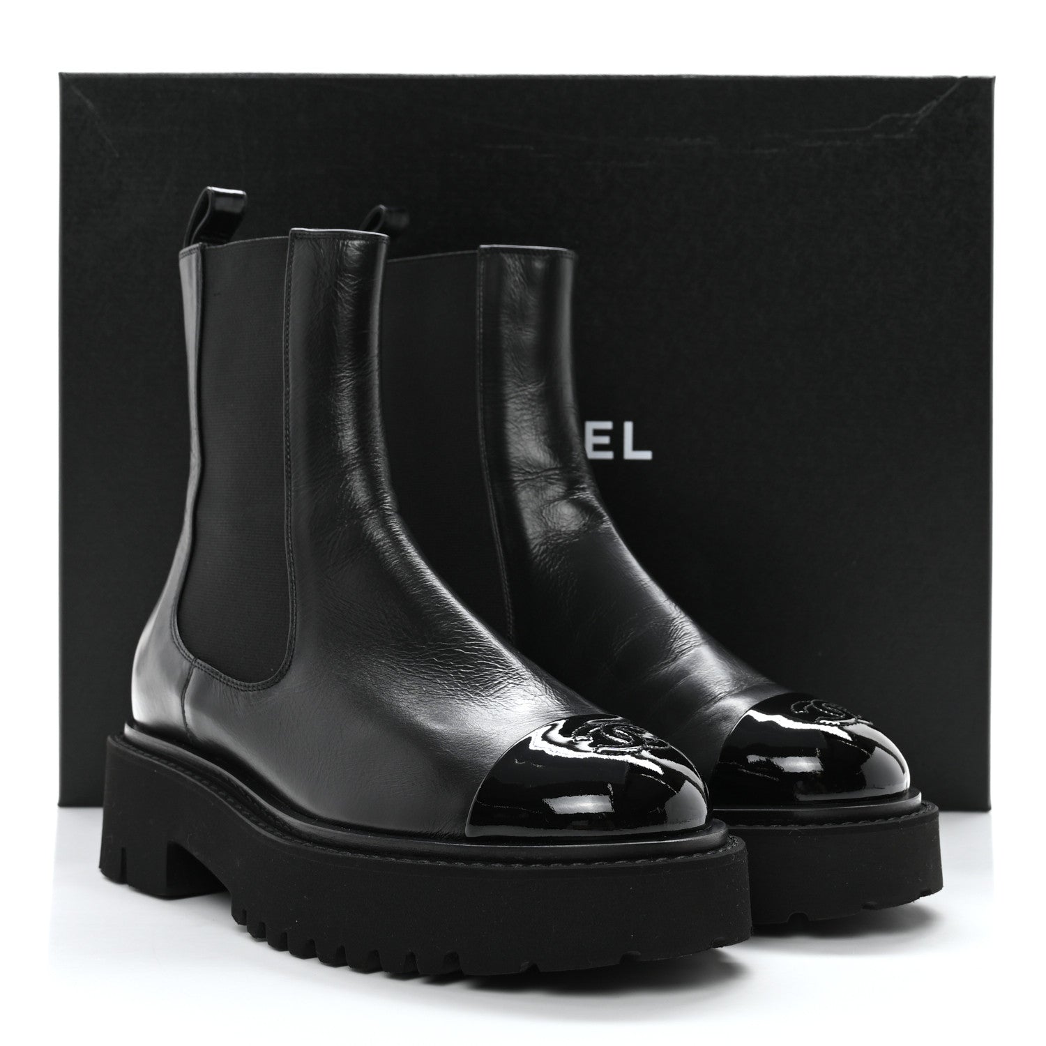 Chanel Crumpled Calfskin Patent Cap Toe Short Boots 37 Black 9 of 9