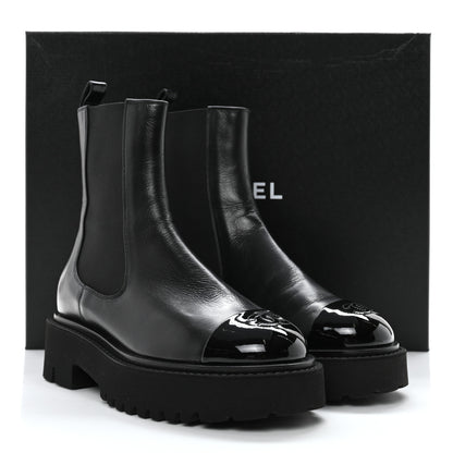 Chanel Crumpled Calfskin Patent Cap Toe Short Boots 37 Black 9 of 9