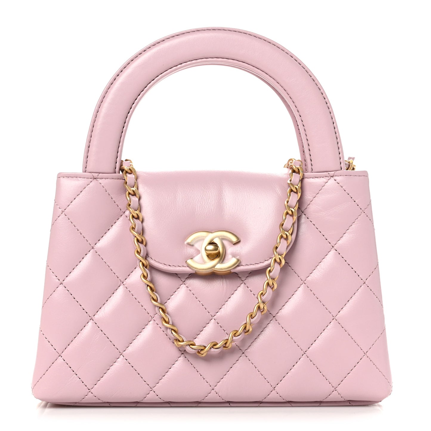Shiny Aged Calfskin Quilted Nano Kelly Shopper Pink