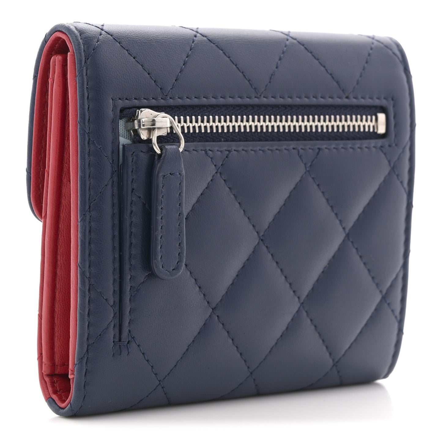 Lambskin Quilted Tri-Color Compact Flap Wallet Navy Blue Red