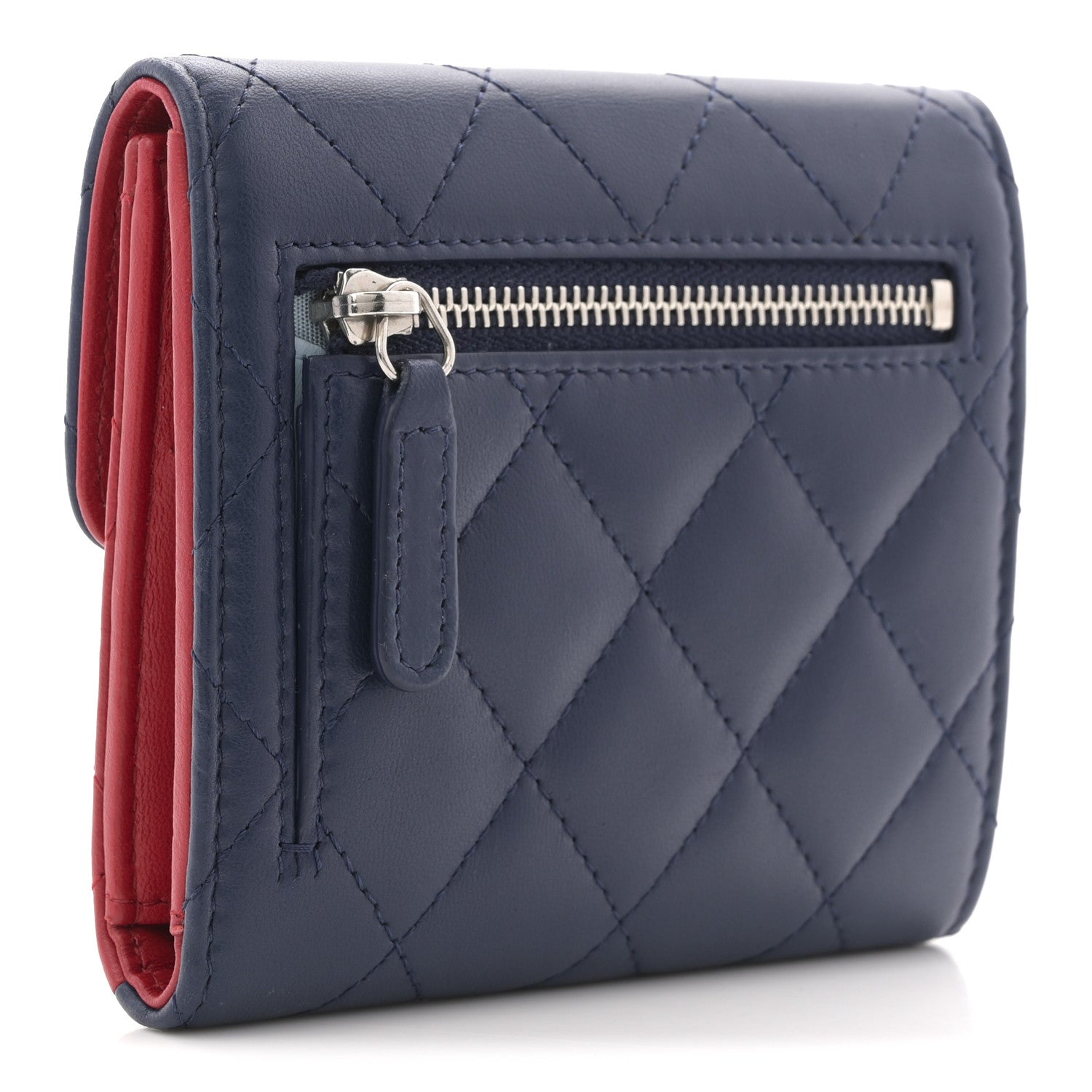 Chanel Lambskin Quilted Tri-Color Compact Flap Wallet Navy Blue Red 3 of 7