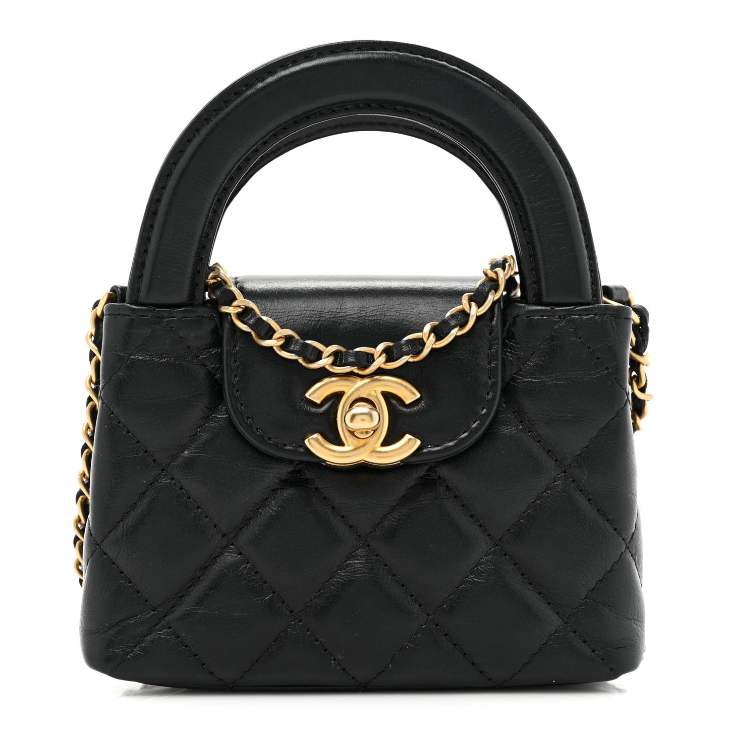 Shiny Aged Calfskin Quilted Mini Nano Kelly Shopper Black