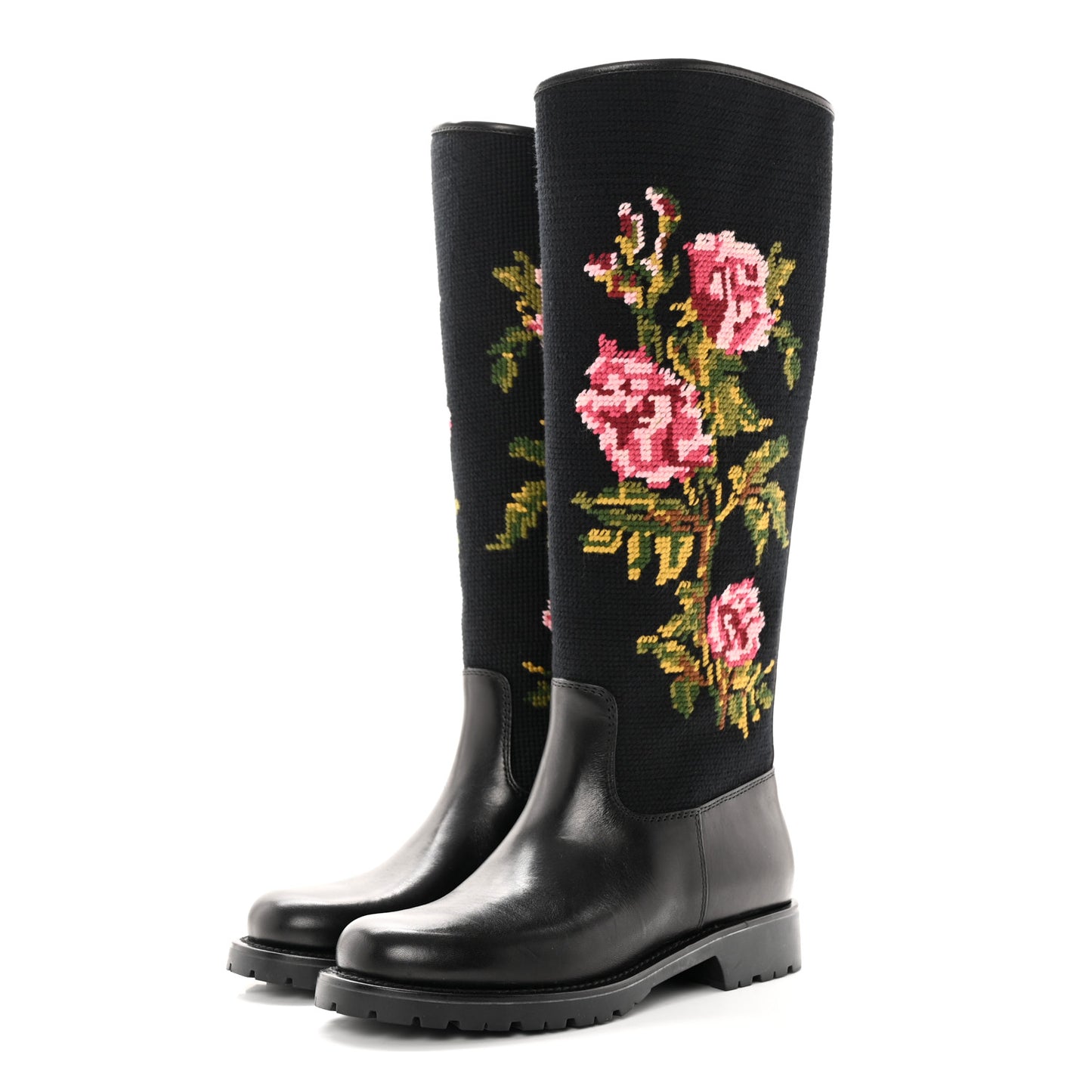 Calfskin Woven Wool Embroidered Knee High Boots 37 Black