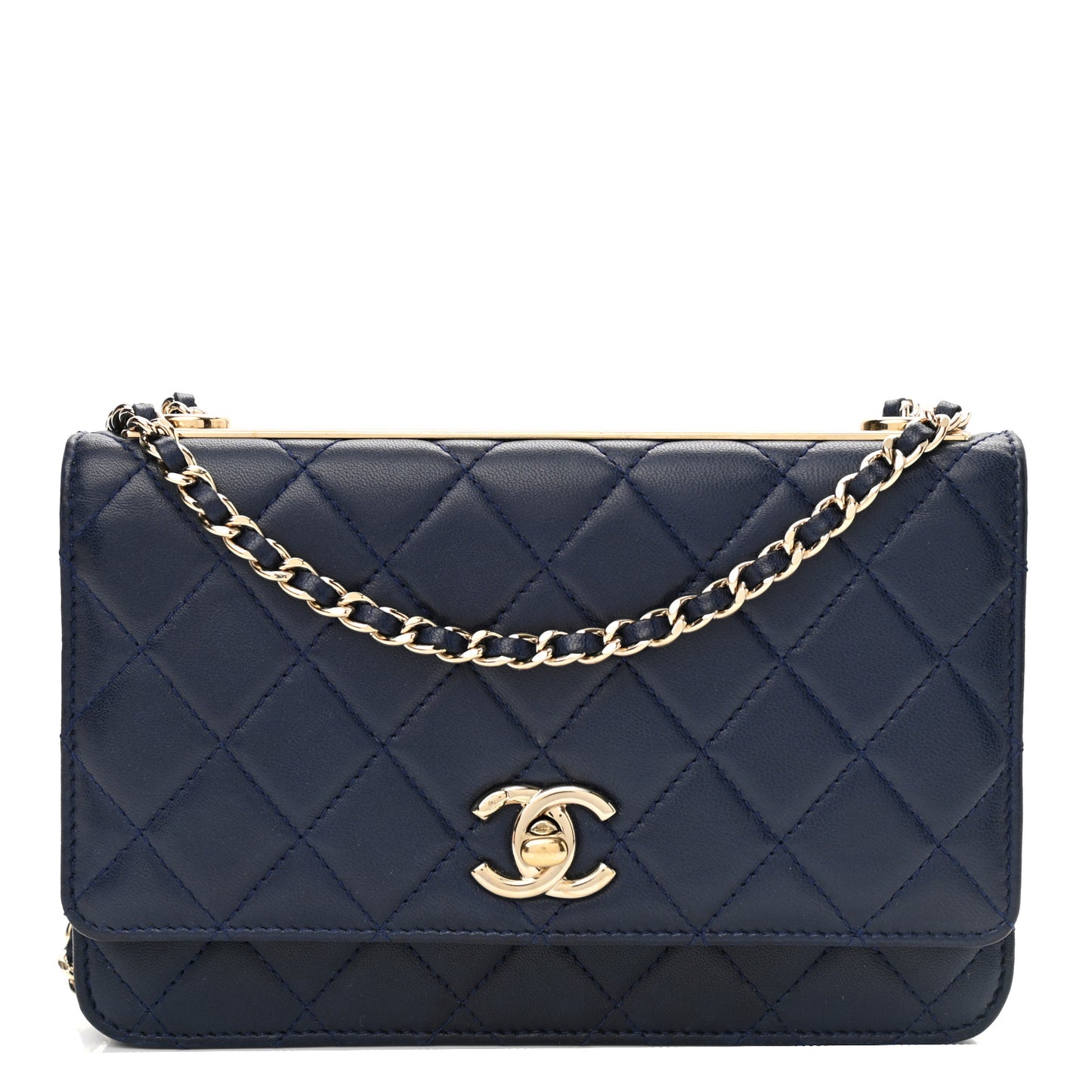 Lambskin Quilted Trendy CC Wallet On Chain WOC Navy
