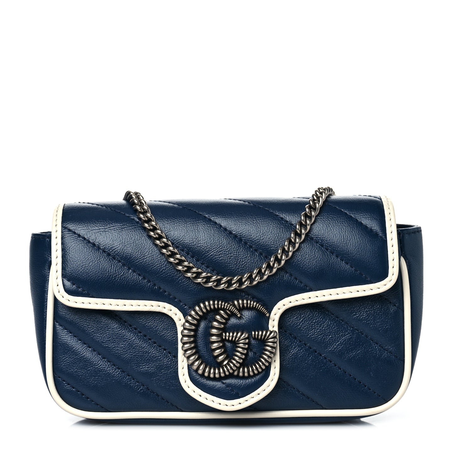 Vintage Effect Calfskin Matelasse Diagonal Super Mini Torchon GG Marmont Shoulder Bag Blue Agata Mystic White