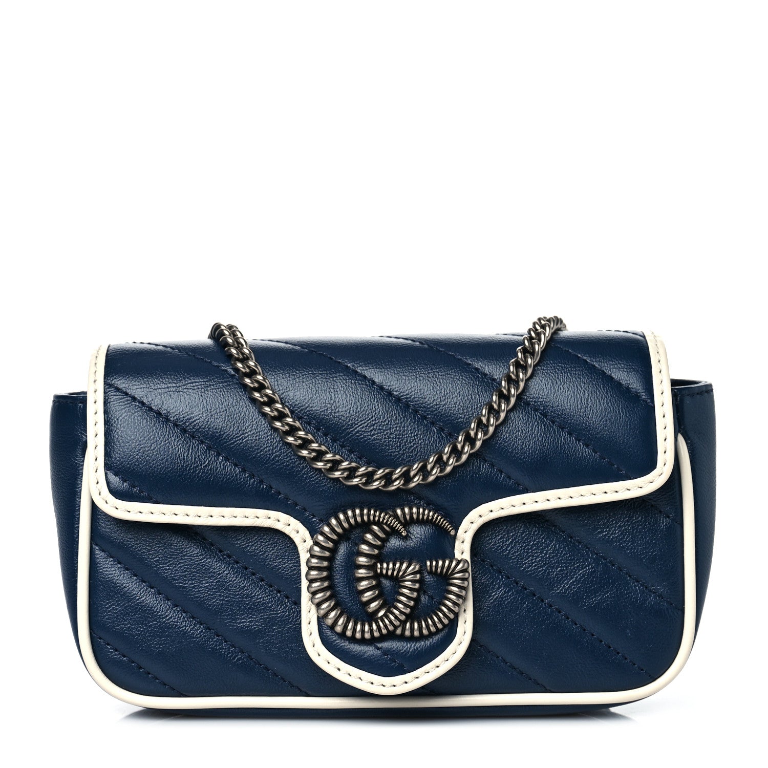 Gucci Vintage Effect Calfskin Matelasse Diagonal Super Mini Torchon GG Marmont Shoulder Bag Blue Agata Mystic White 1 of 9