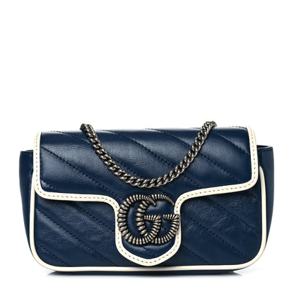 Gucci Vintage Effect Calfskin Matelasse Diagonal Super Mini Torchon GG Marmont Shoulder Bag Blue Agata Mystic White 1 of 9