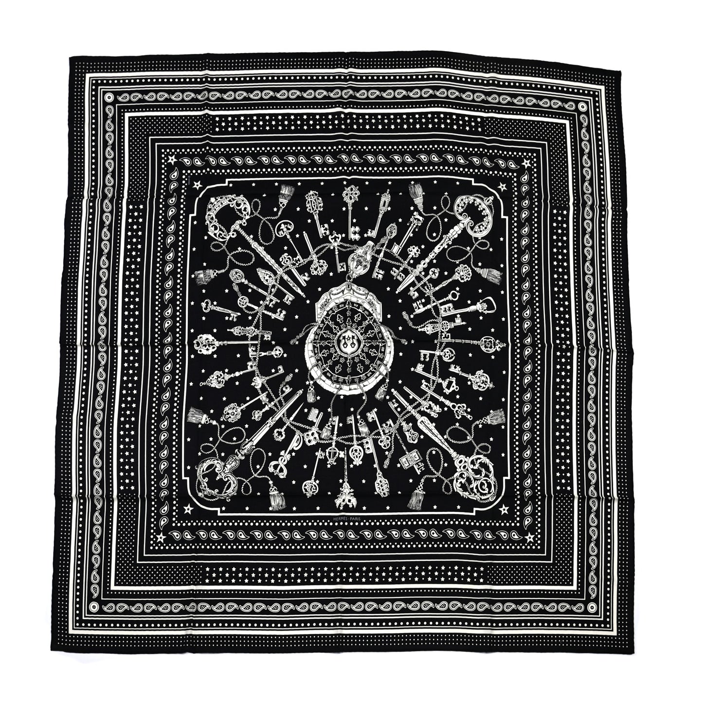 Cashmere Silk Les Cles Bandana Shawl 140 Black White