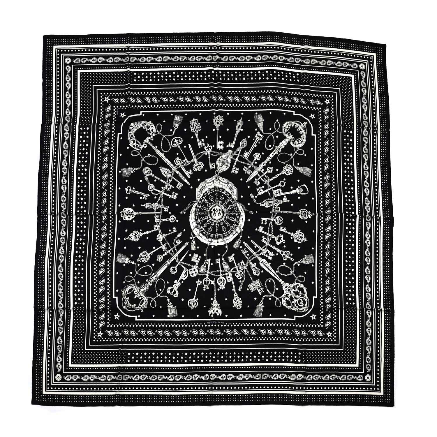Hermes Cashmere Silk Les Cles Bandana Shawl 140 Black White 2 of 8