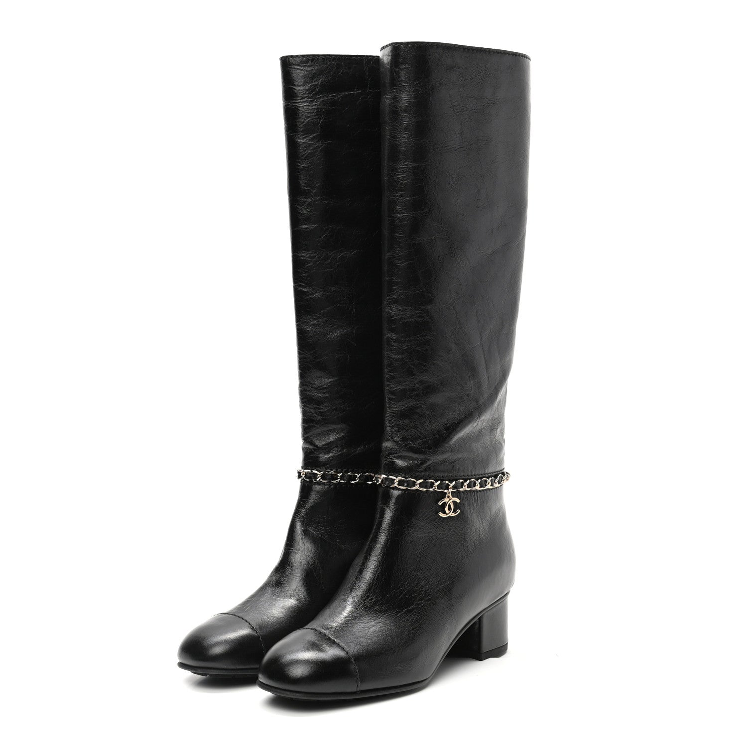 Chanel Crumpled Calfskin Cap Toe Chain Tall Boots 35.5 Black 3 of 7