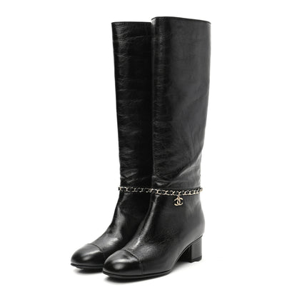 Chanel Crumpled Calfskin Cap Toe Chain Tall Boots 35.5 Black 3 of 7