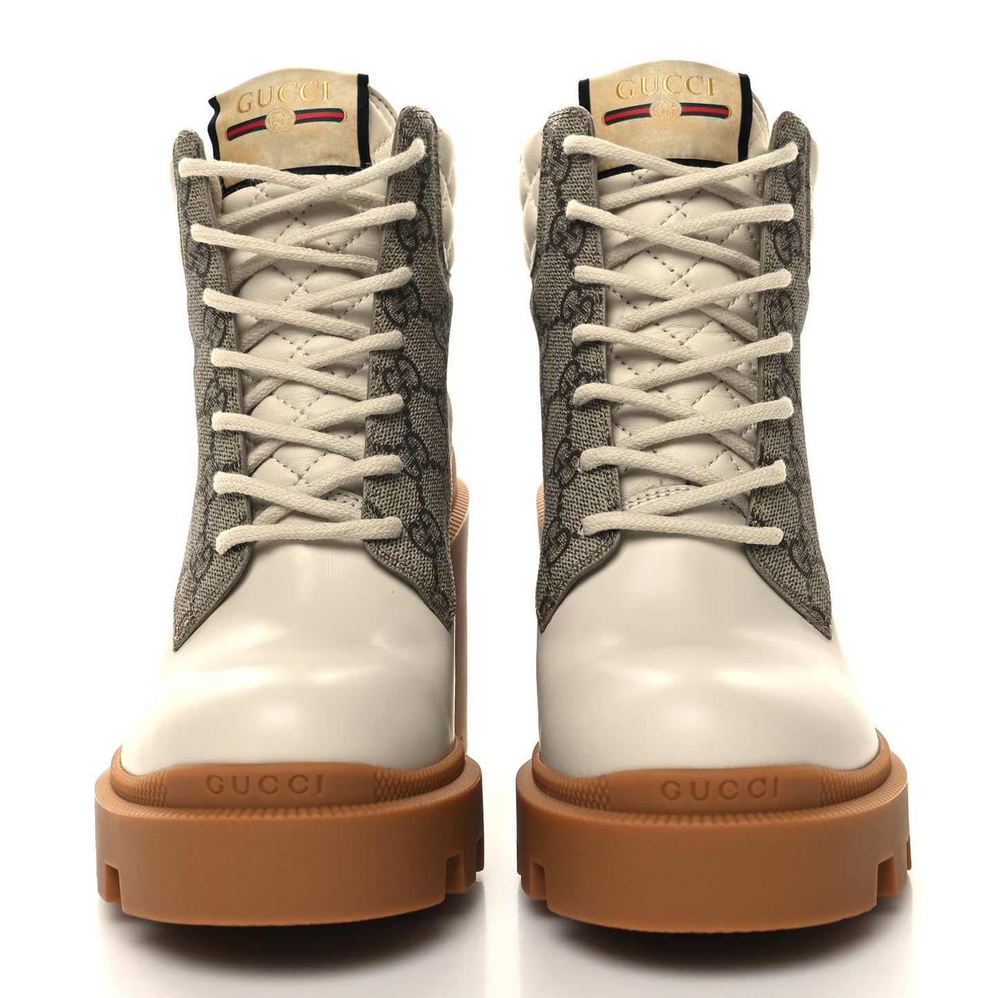 Calfskin GG Supreme Monogram Nappa Quilted Lace Up Ankle Boots 36.5 Mystic White Beige