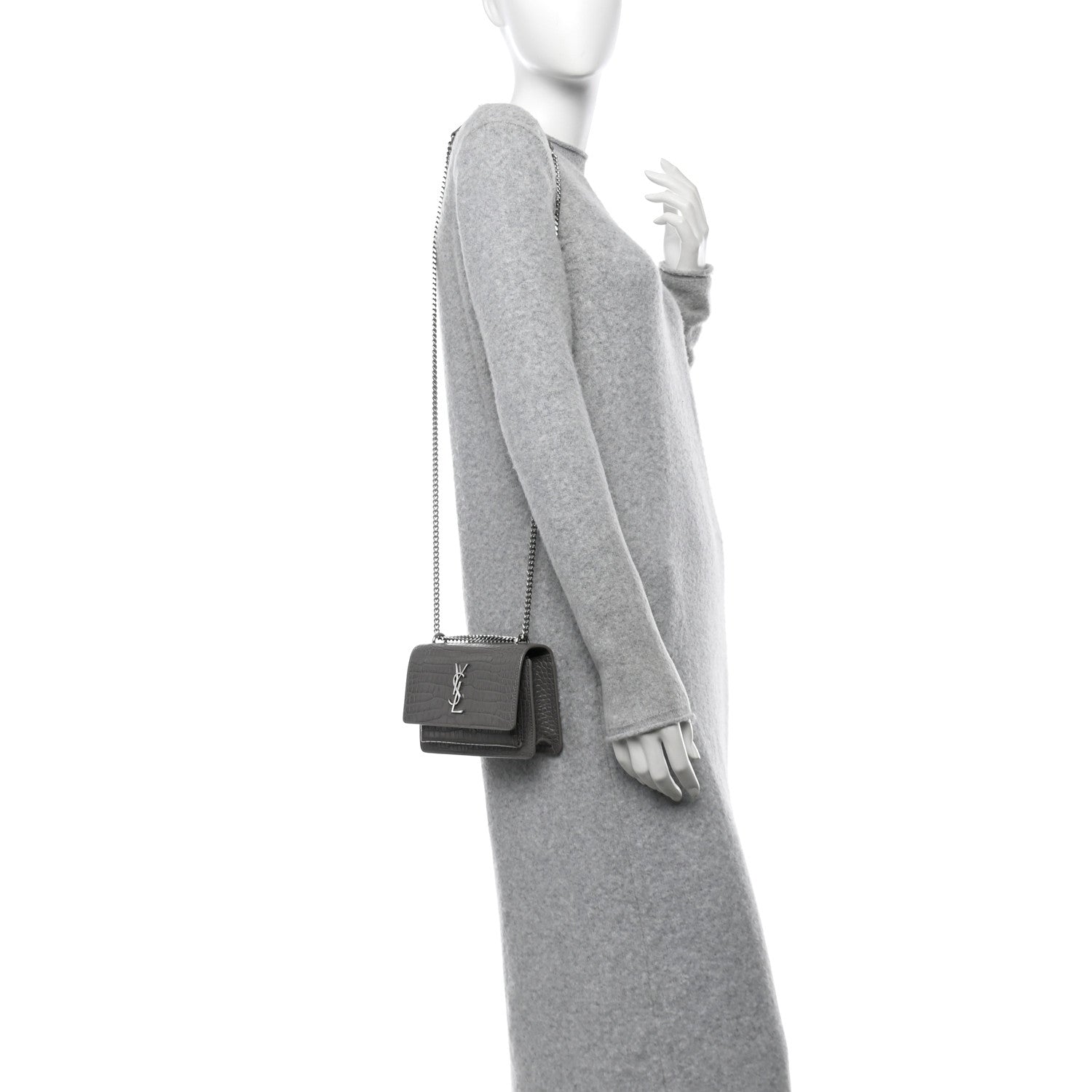 Saint Laurent Calfskin Crocodile Embossed Monogram Sunset Chain Wallet Fog 2 of 9