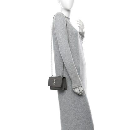 Saint Laurent Calfskin Crocodile Embossed Monogram Sunset Chain Wallet Fog 2 of 9