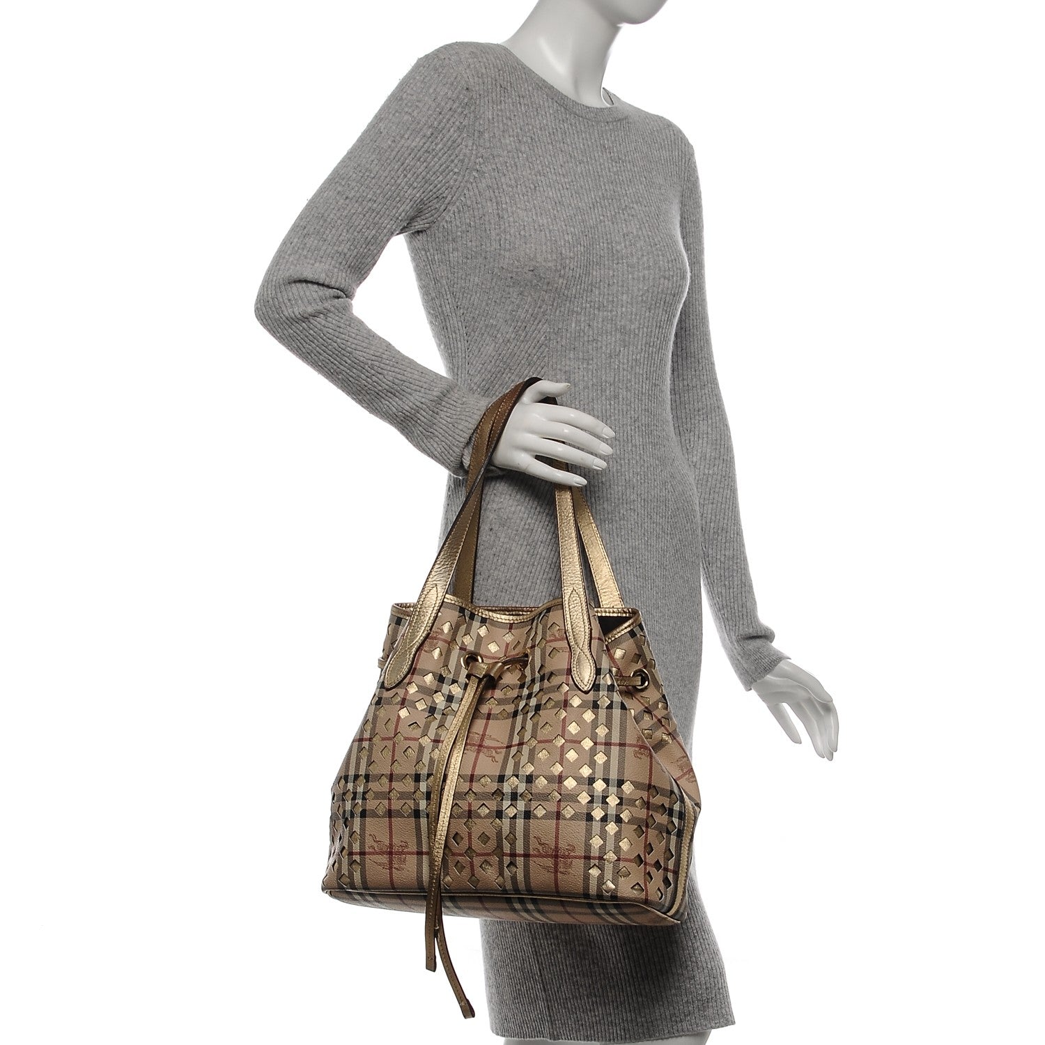 Burberry Haymarket Check Drawstring Claudia Bag Gold 2 of 12