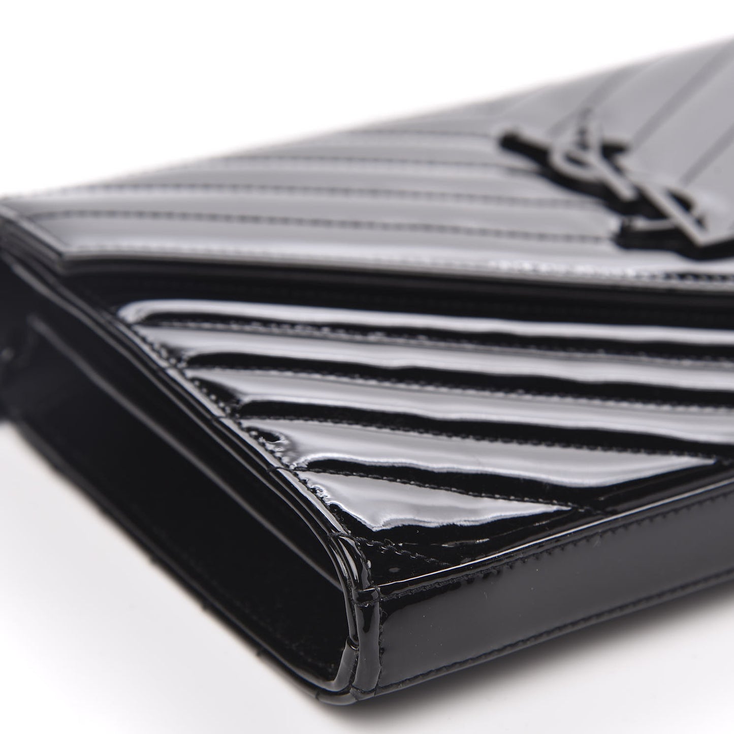 Patent Matelasse Chevron Monogram Chain Wallet Black