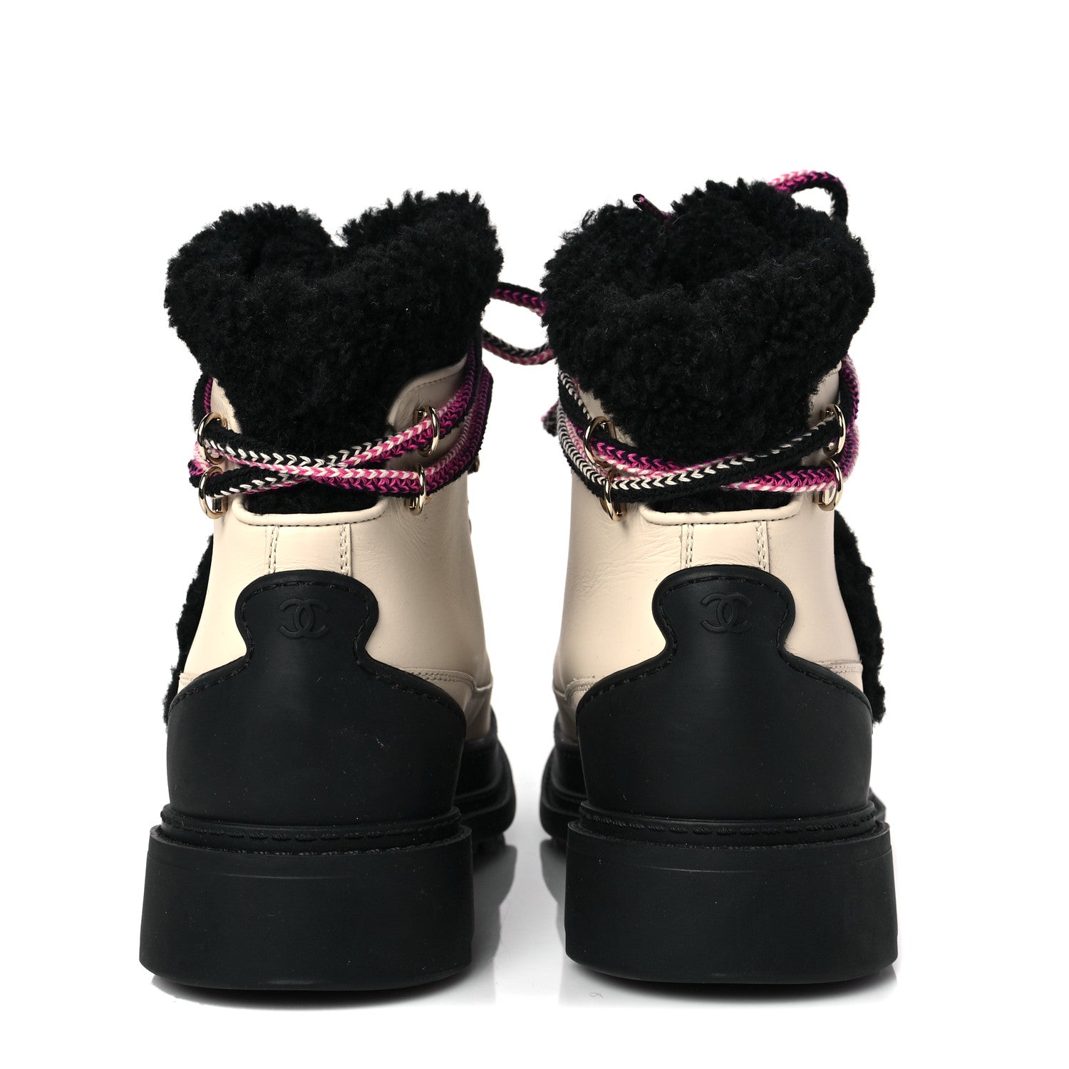 Chanel Calfskin Shearling CC Lace Up Boots 38.5 Black White 6 of 7