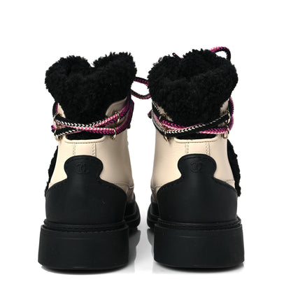 Chanel Calfskin Shearling CC Lace Up Boots 38.5 Black White 6 of 7