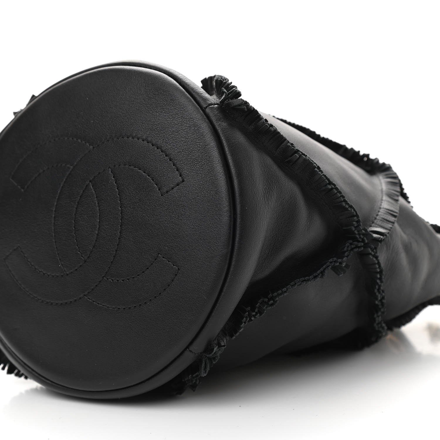 Chanel Lambskin Quilted Fringe CC Chain Bucket Drawstring Bag Black 10 of 10