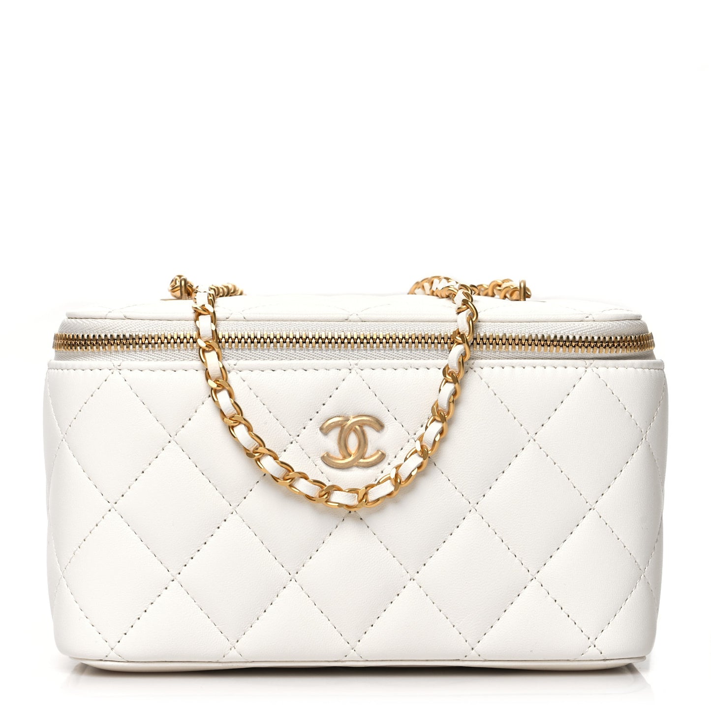 Lambskin Enamel Quilted Small Coco Hearts Vanity Case With Chain White