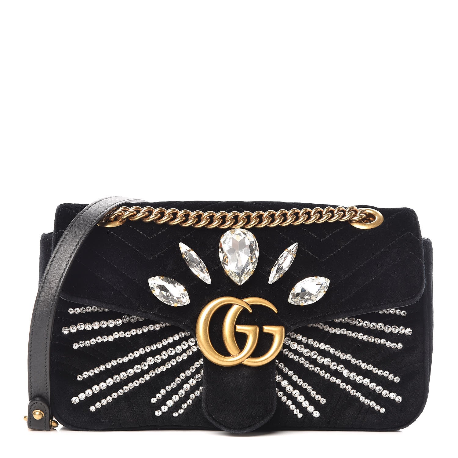 Gucci Velvet Matelasse Marquise Crystals Embroidered Small GG Marmont Shoulder Bag Black 1 of 10