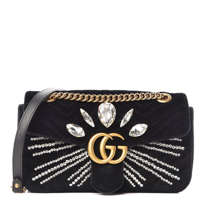 Gucci Velvet Matelasse Marquise Crystals Embroidered Small GG Marmont Shoulder Bag Black 1 of 10
