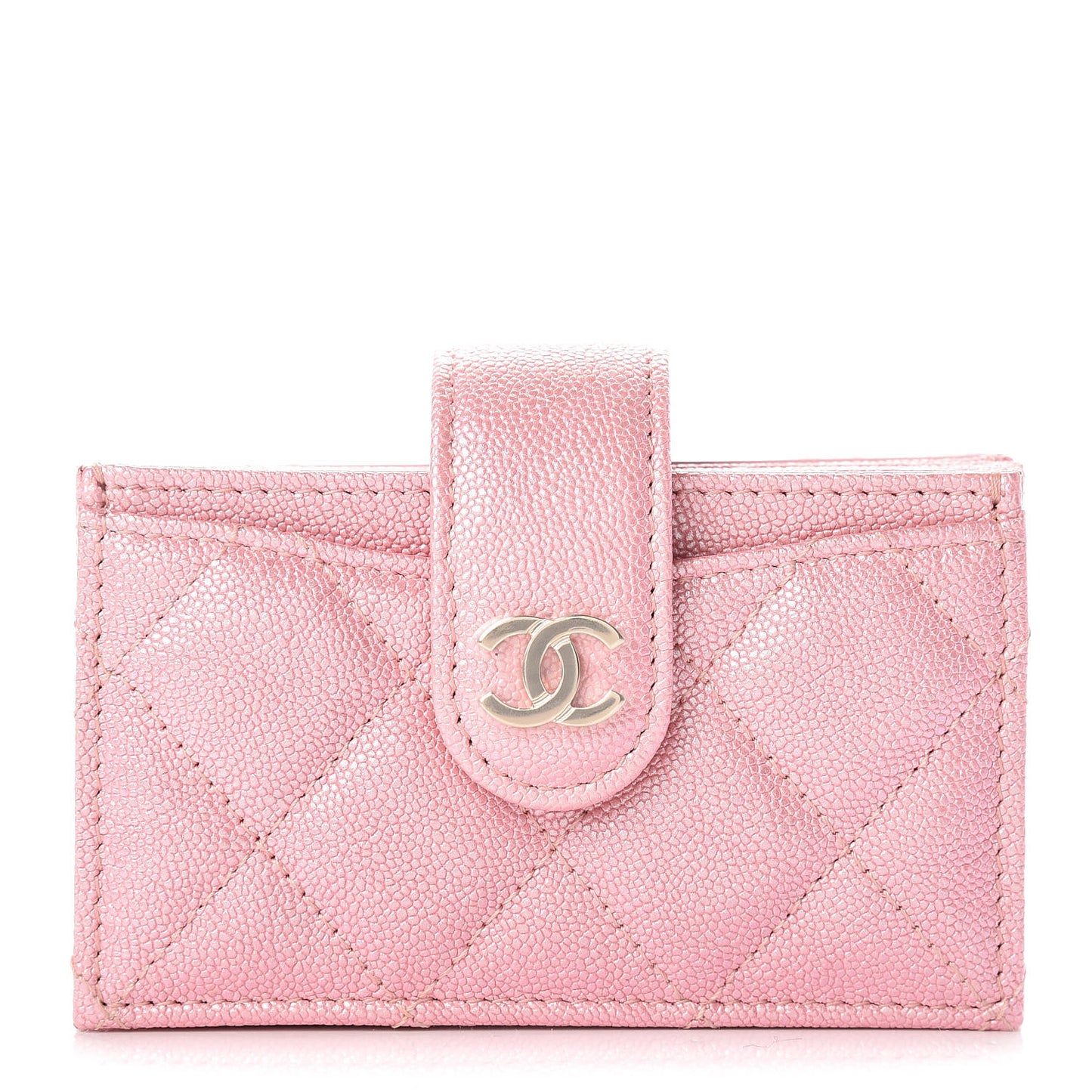 Iridescent Caviar Quilted Card Holder Pink