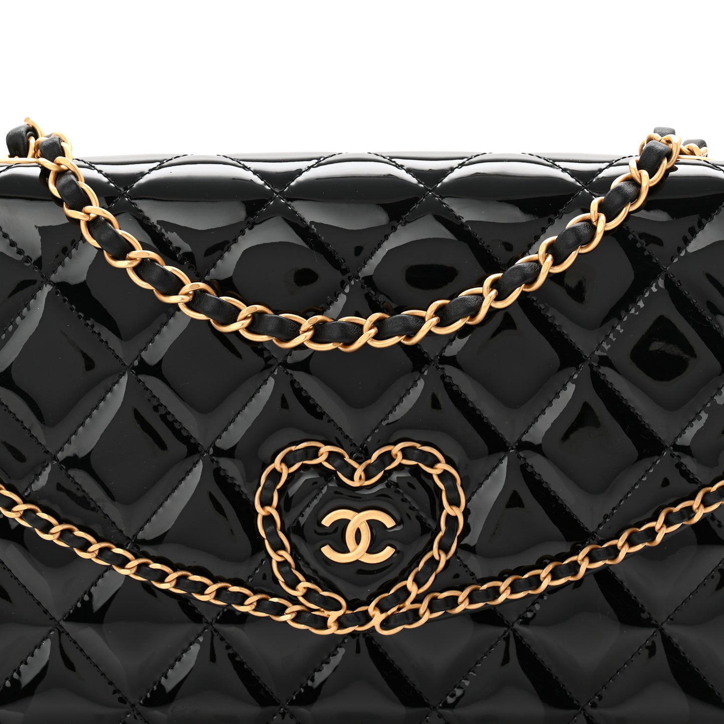 Patent Quilted Chain Around Heart Flap Black