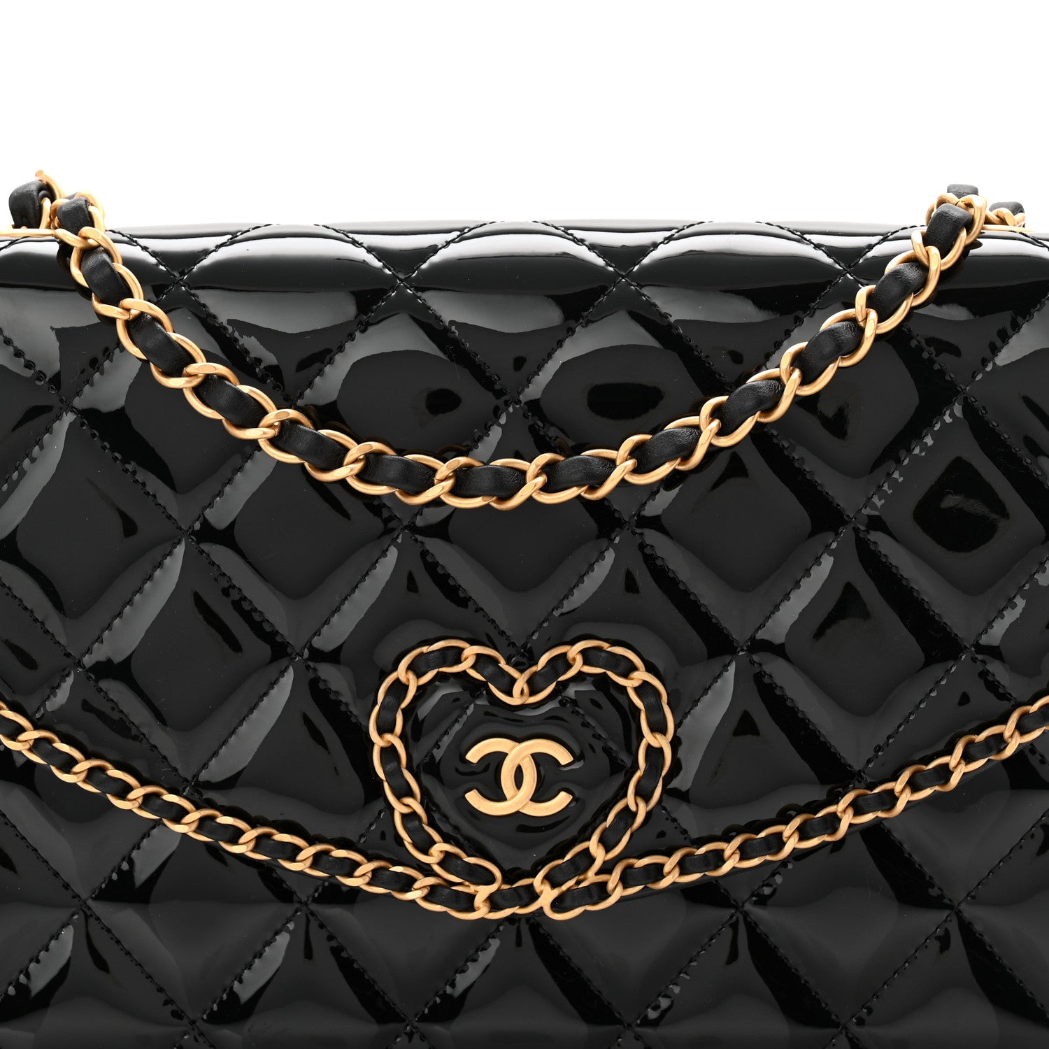Chanel Patent Quilted Chain Around Heart Flap Black 8 of 11