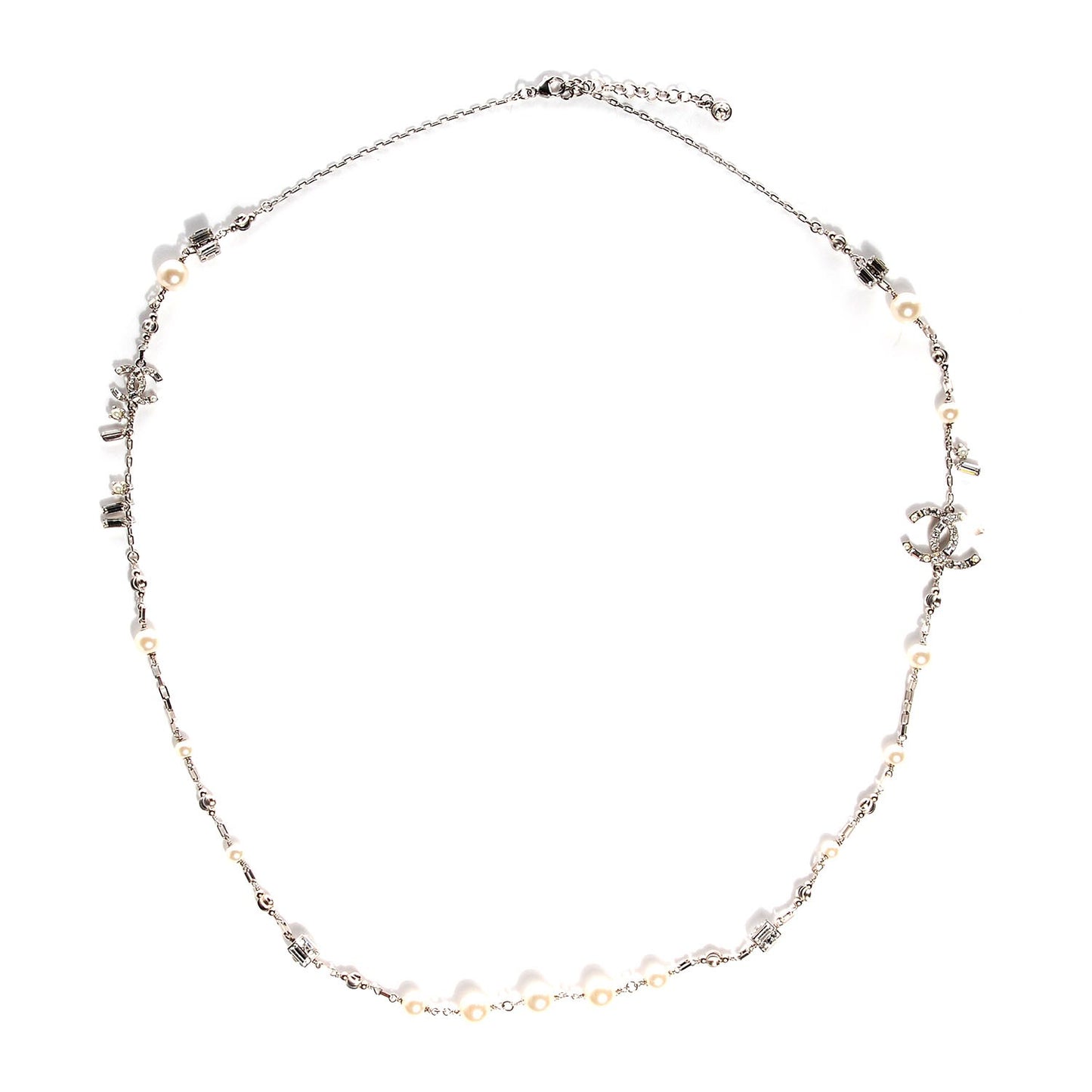 Crystal Pearl CC Long Necklace Silver