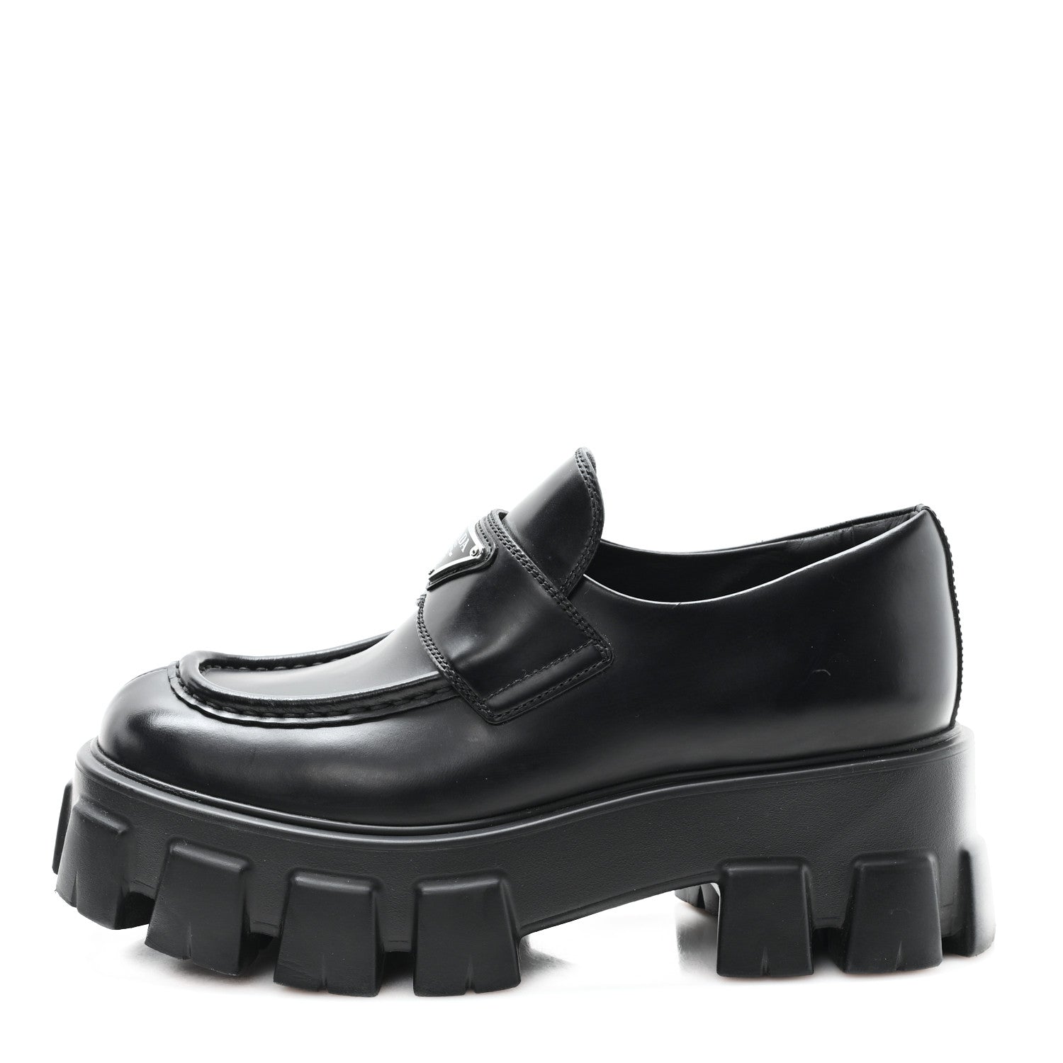 Prada Spazzolato Rois Metal Triangle Logo Monolith 55mm Loafers 38 Black 1 of 10